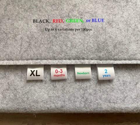 White Silky Satin Size Labels with BLACK, RED, GREEN or BLUE Ink