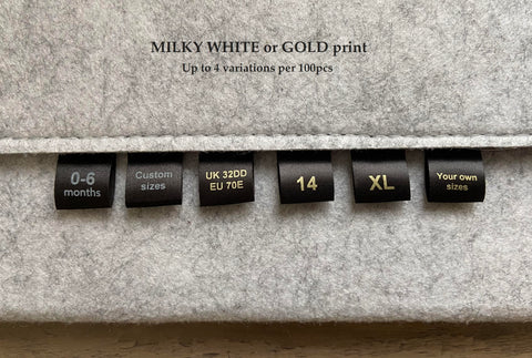 Customizable Satin Clothing Size Labels: Black Satin with MILKY WHITE or GOLD Print - Pick a size or add your own