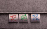White Silky Satin labels with crisp RED, GREEN or BLUE ink