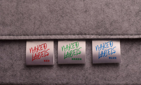 White Silky Satin labels with crisp RED, GREEN or BLUE ink