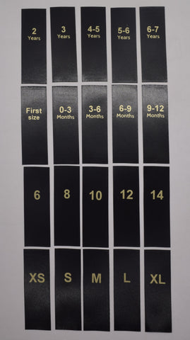 Sizing labels mix - Black satin with GOLD ink