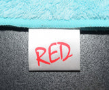 White Silky Satin labels with crisp RED ink